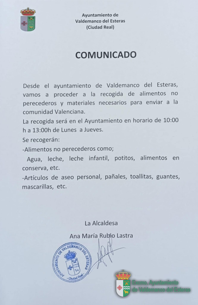 Comunicado. Recogida de alimentos y otros artículos para Dana comunidad Valenciana
